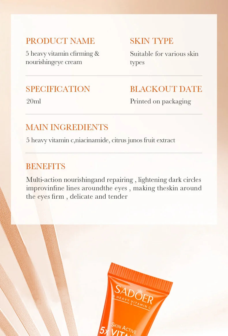 SADOER Vitamin C Eye Cream Anti Dark Circles Eyes Bags Remover Moisturizing Brightening Firming Skin Care Products for Eyes